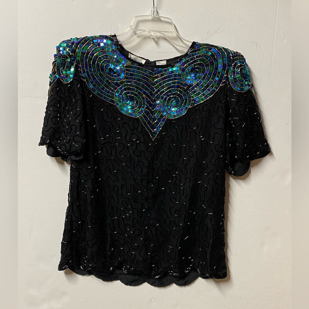 EUC Vintage Denise Elle Silk Sequined Beaded Top SZ S